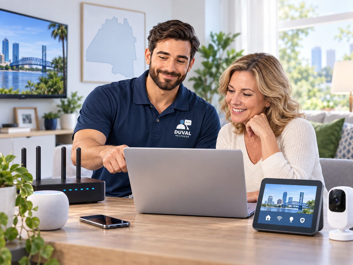 Illustration of a technician helping with a laptop and connected home devices.
