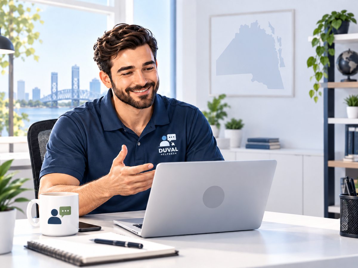 Illustration of a technician providing remote help from a bright workspace.