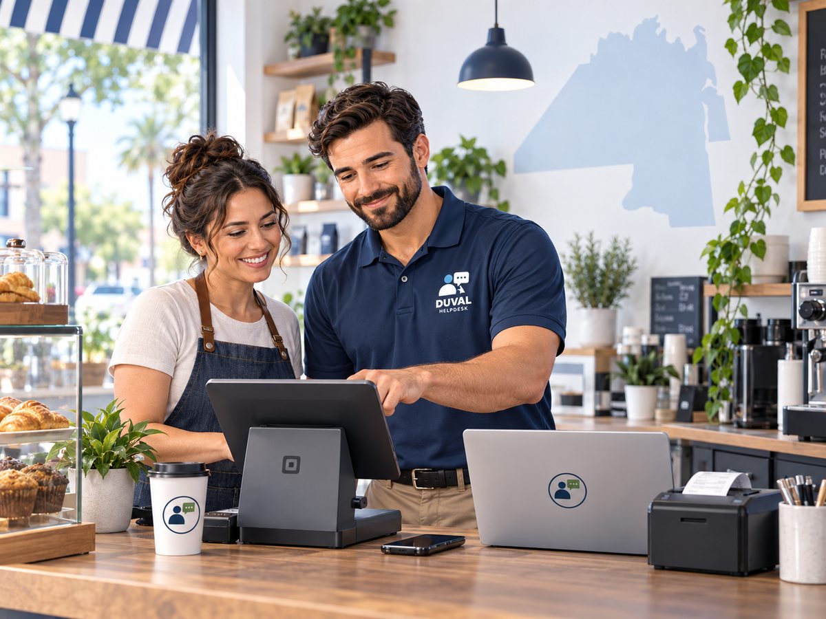 Illustration of technology support for a café point-of-sale system.