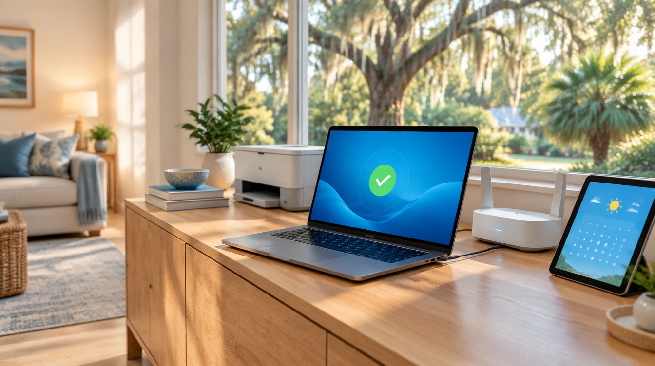 A laptop, Wi-Fi router, tablet and printer in a sunlit Florida home.